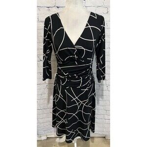 London Times black and white abstract print 3/4 sleeve wrap dress Size 8